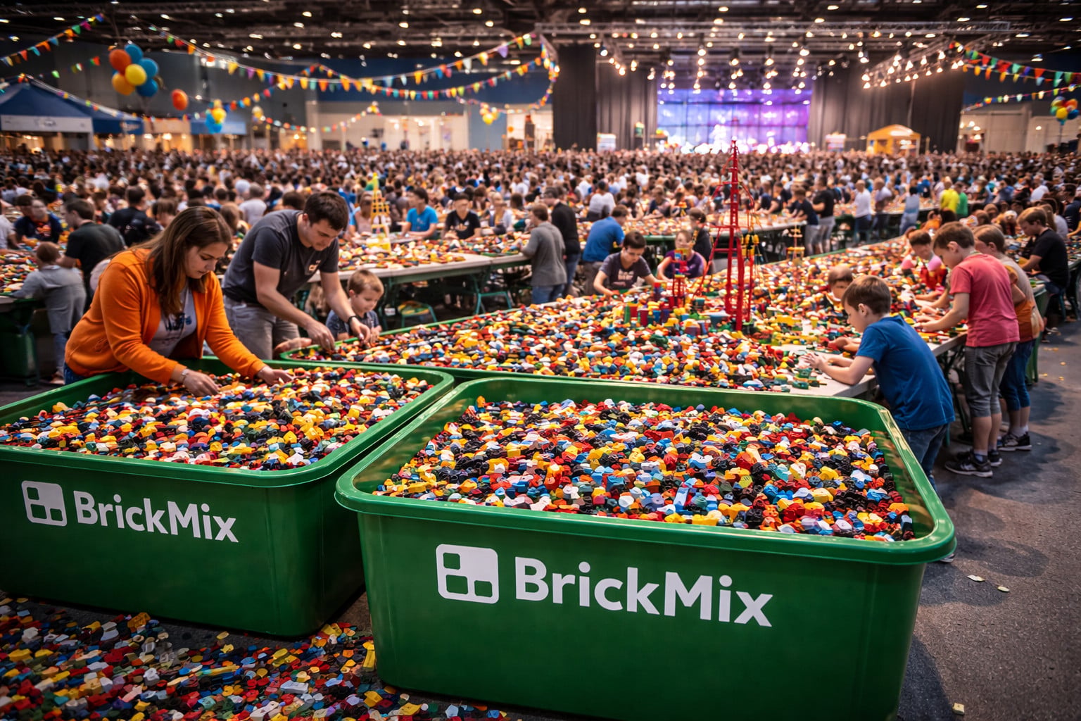 BrickMix als interactieve beursactiviteit op een beursstand met bouwende kinderen en bezoekers