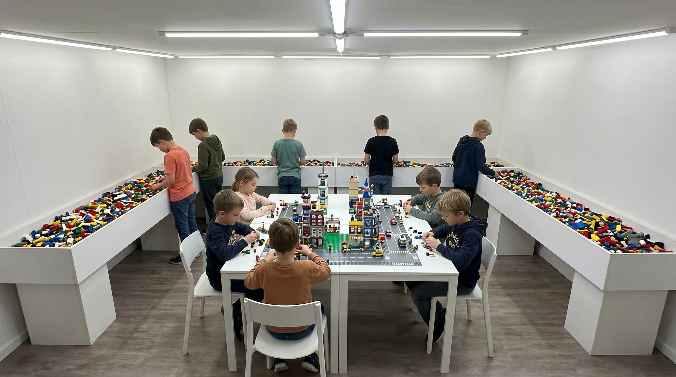 Kinderen bouwen samen in de LEGO® bouwruimte in Bussum tijdens een volledig verzorgd kinderfeestje