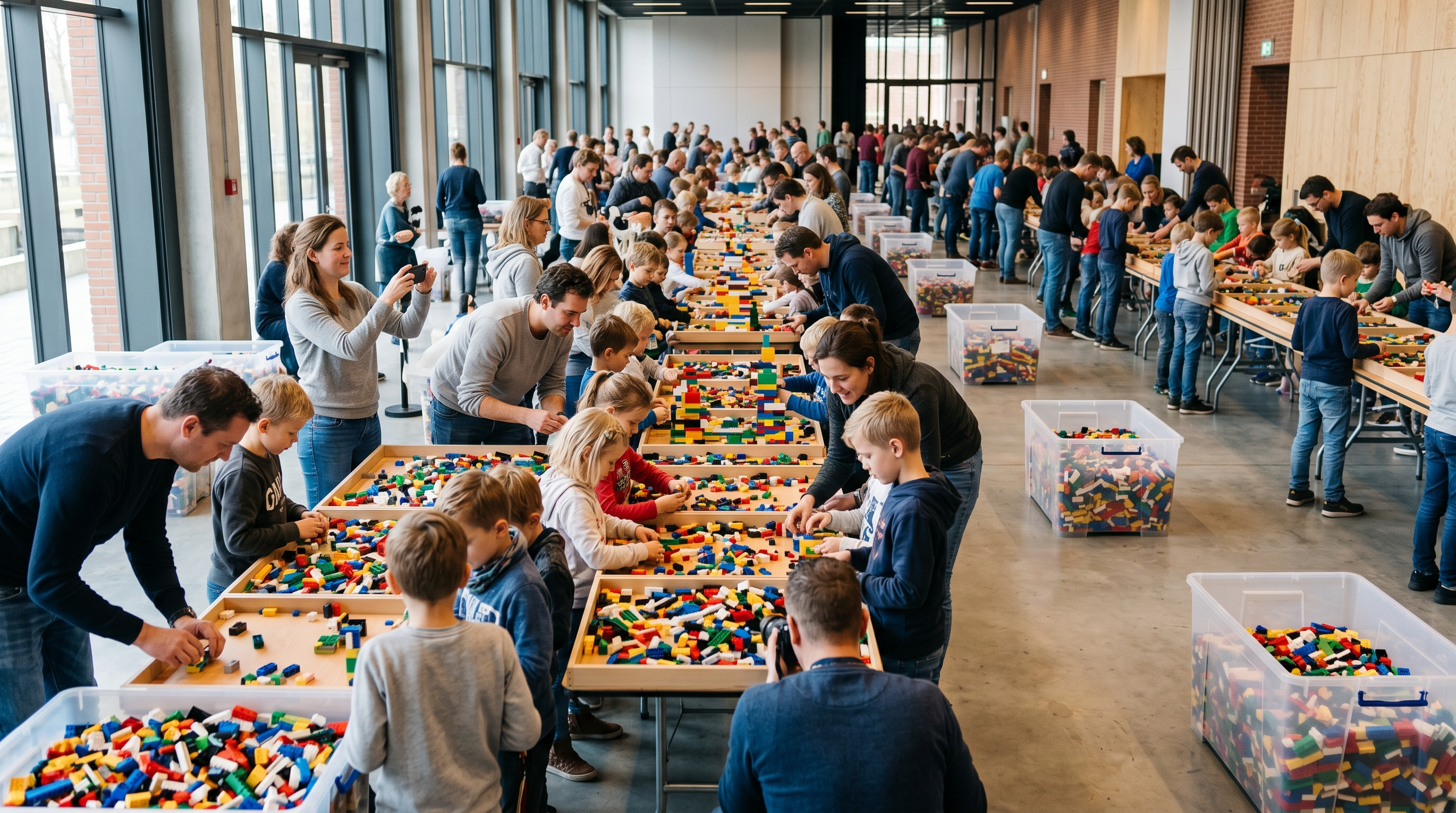 Bezoekers van alle leeftijden bouwen samen aan lange tafels op een evenement