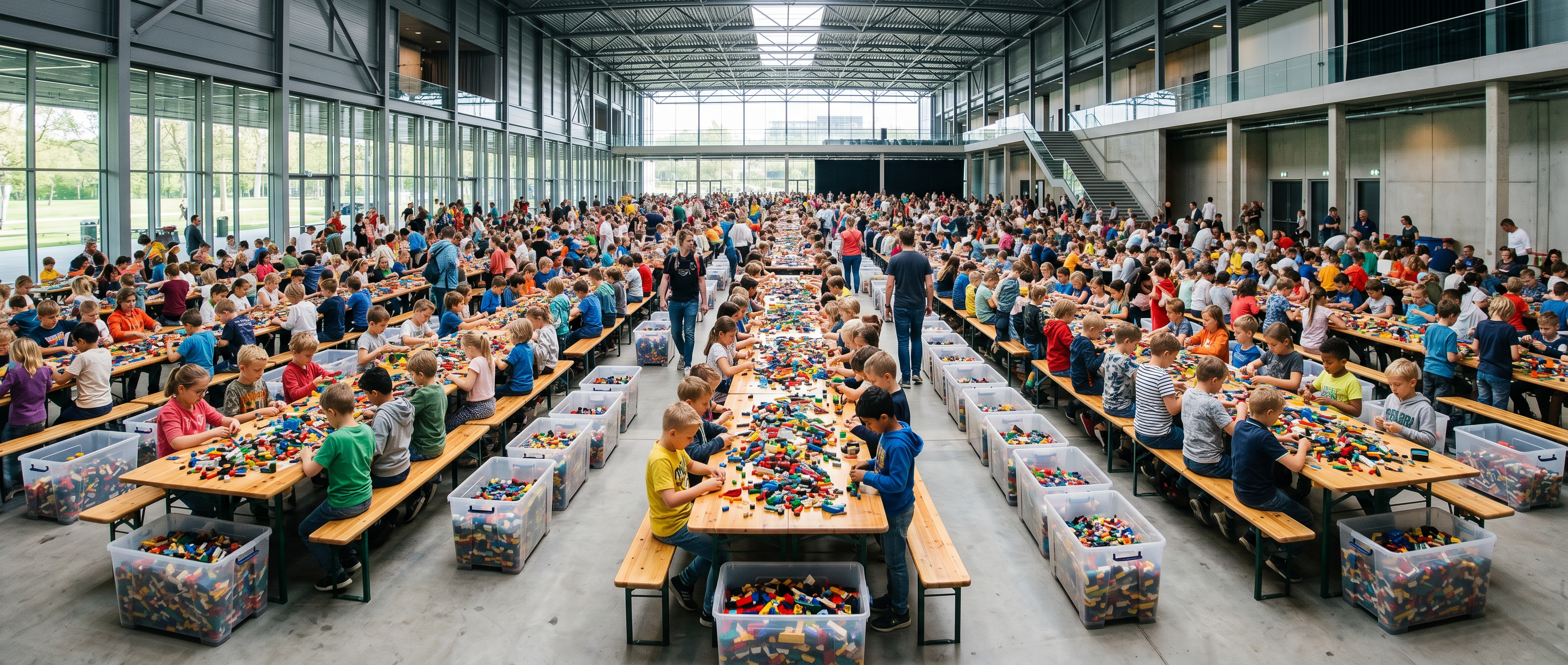 Een grote groep bouwt samen met LEGO® bouwstenen aan lange tafels