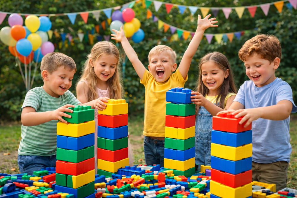 Kinderen bouwen samen met grote XXL Softbricks foam blokken
