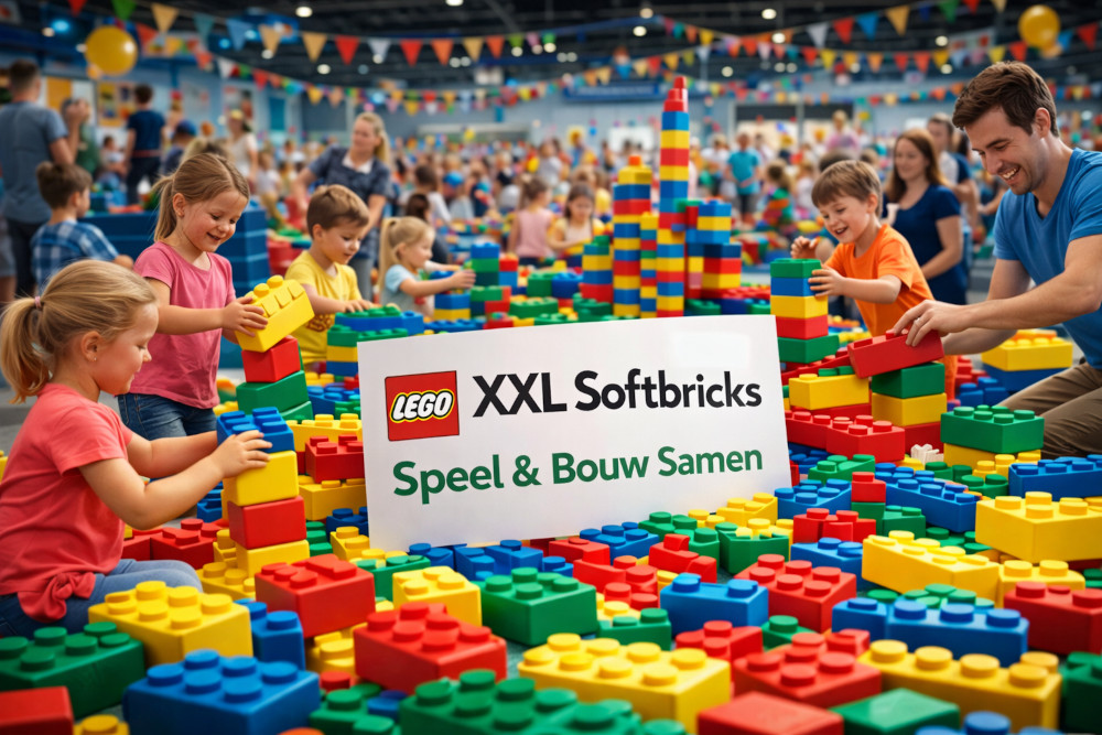 Volwassenen doen een teambuilding-challenge met XXL Softbricks