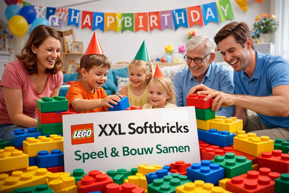 Familie speelt samen met XXL Softbricks op een verjaardag
