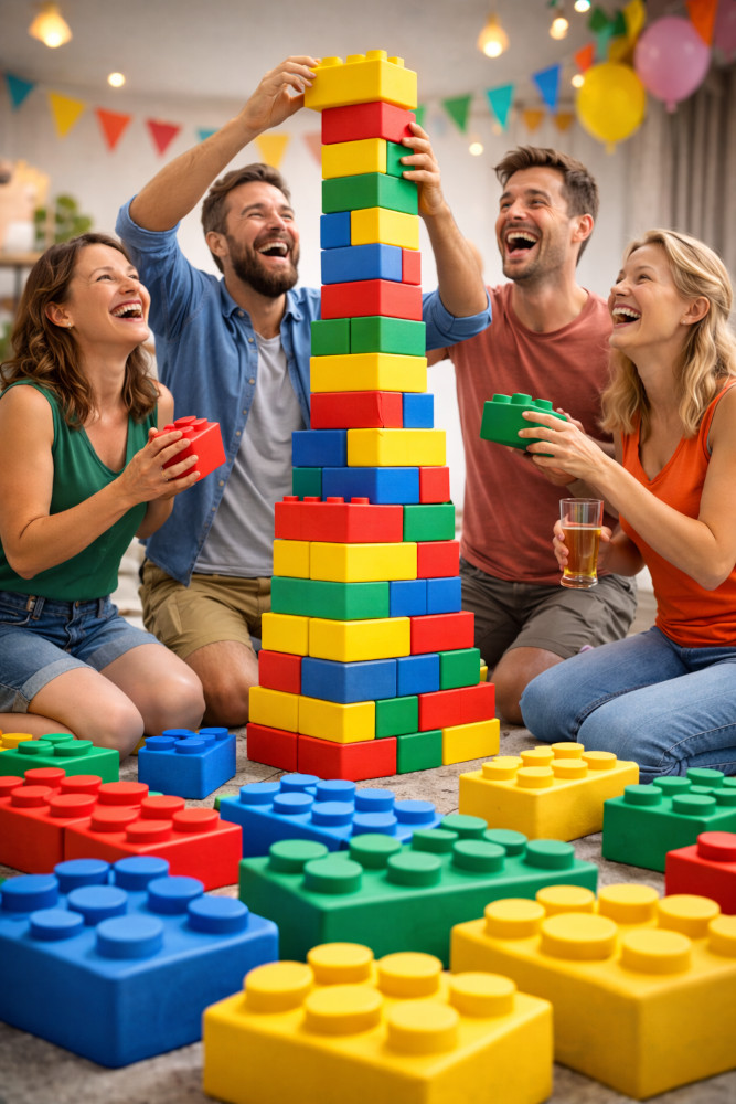 Kinderen bouwen een hoge toren met zachte XXL Softbricks